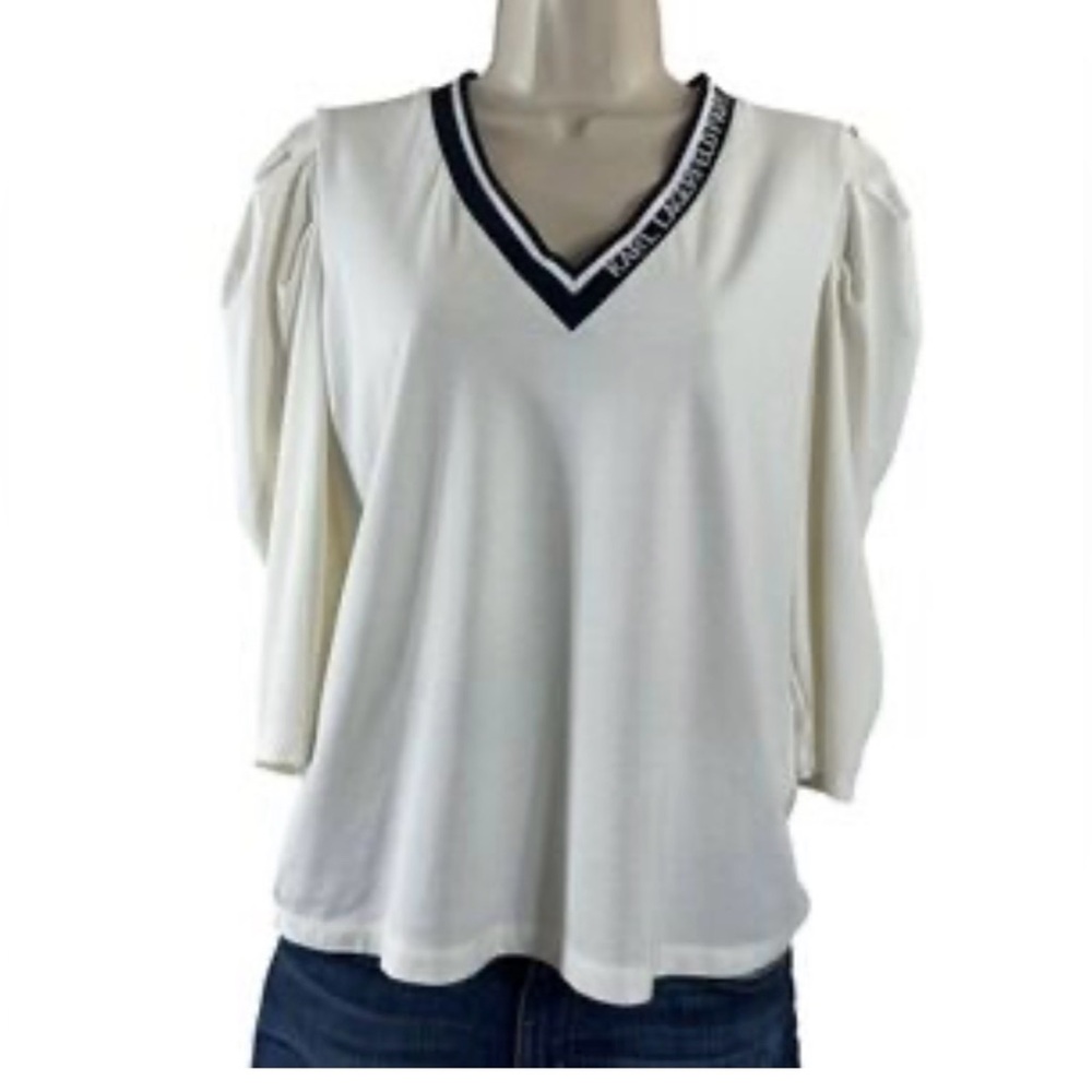 Karl Lagerfeld Ivory Blouse with Black V-Neck